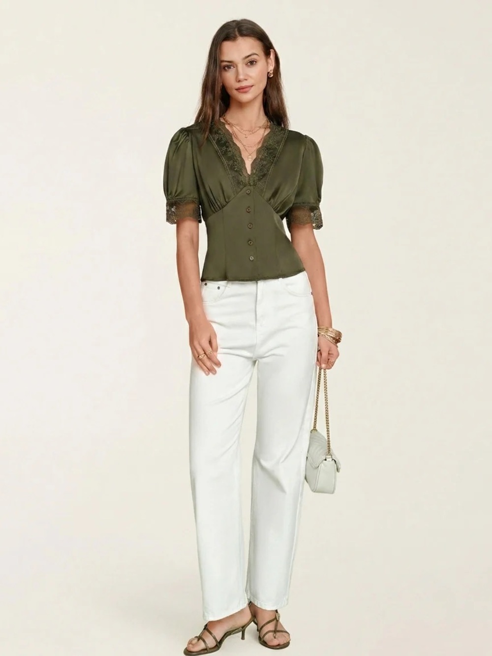Rihoas Green V Neck Puffed Sleeve Lace Blouse - Picture 4 of 6